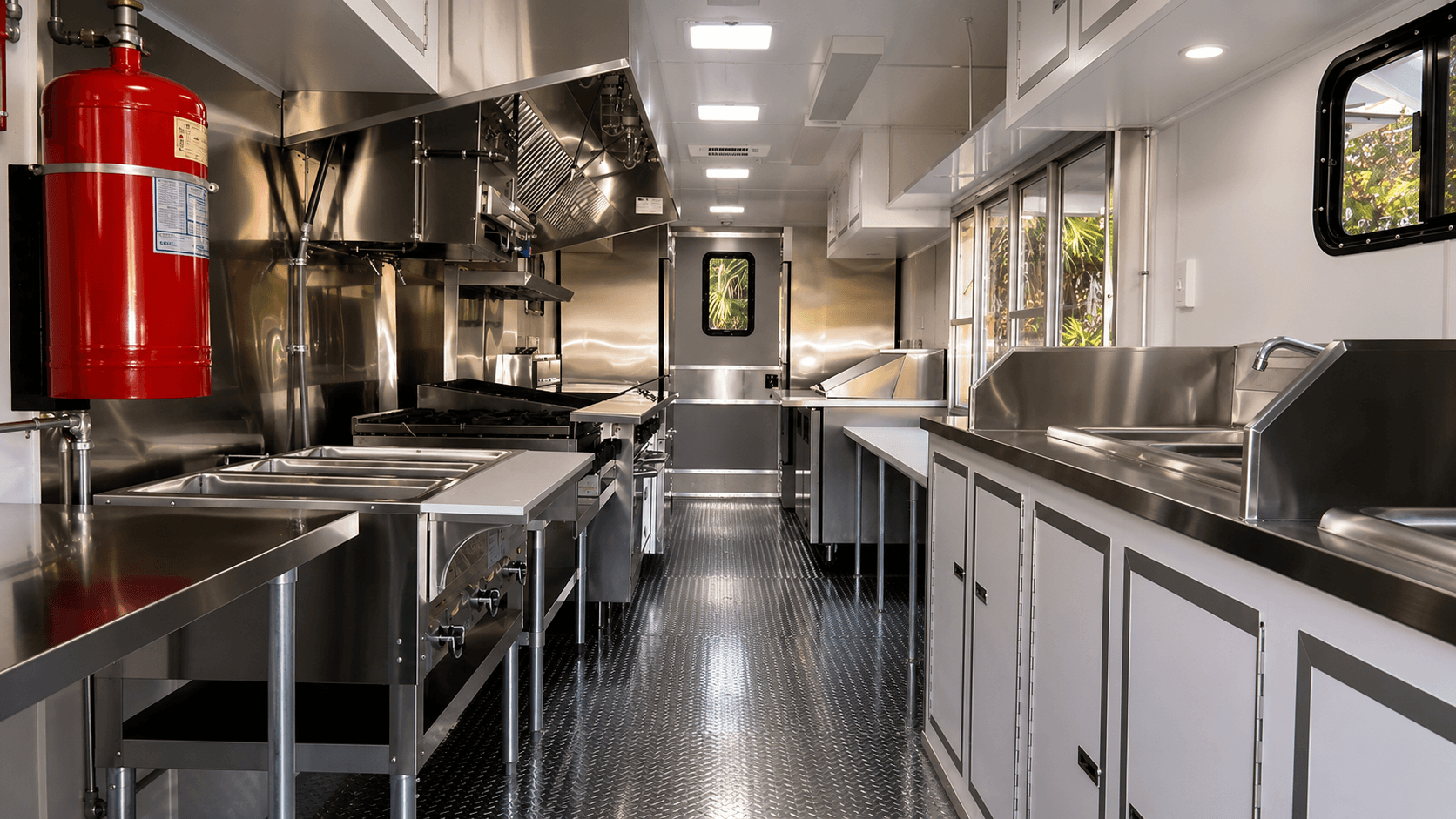 Polished concession trailer interior with stainless workspace and service-ready layout