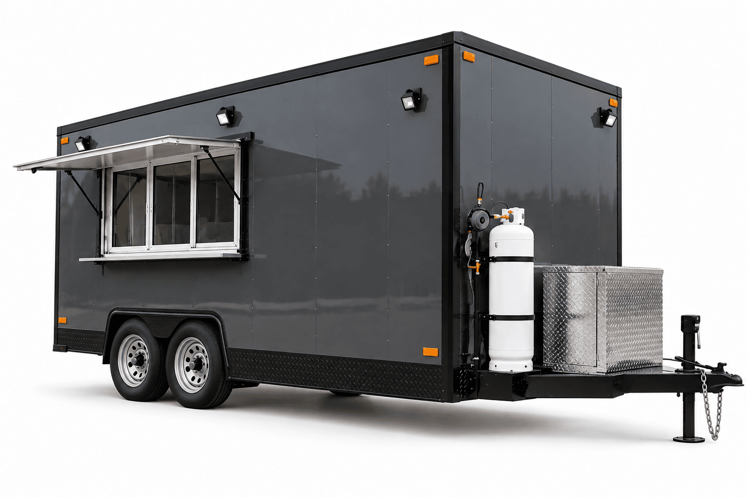 Conceptual Standard Turnkey trailer exterior with serving window and front propane tank