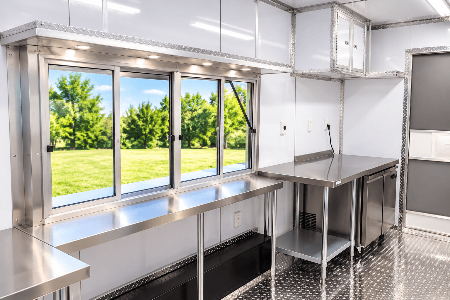 Finished commercial trailer interior with serving windows and stainless steel counters
