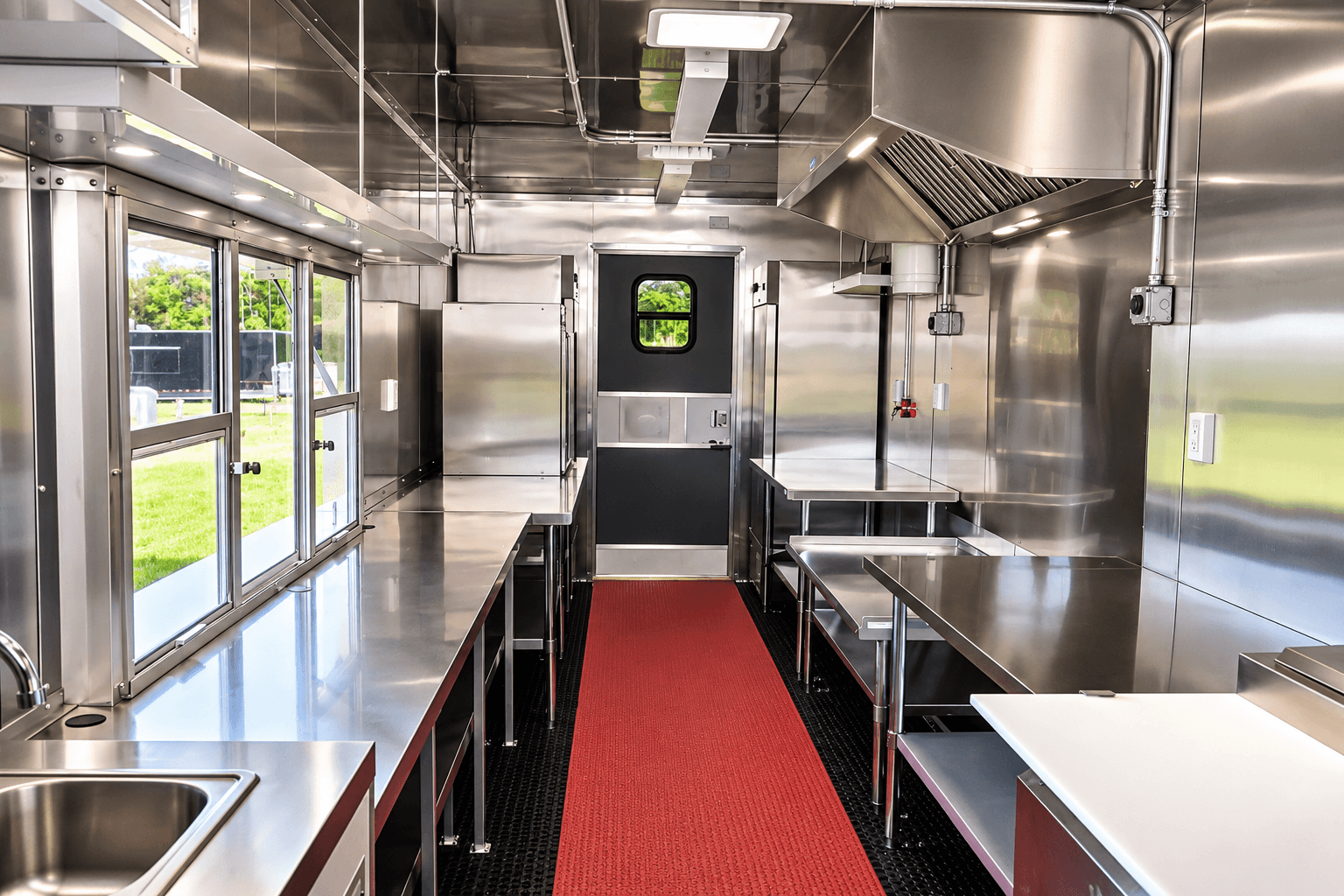 Finished commercial trailer interior with stainless steel workspaces and equipment
